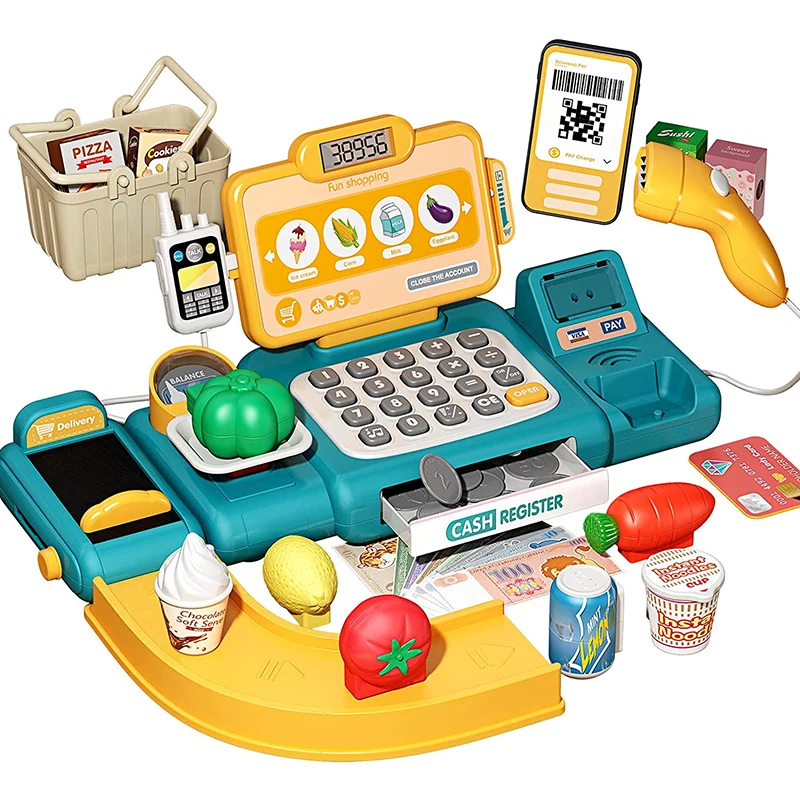 

Pretend Play Calculator Cash Register Toy Supermarket Shop Cashier Registers with Scanner Microphone Credit Card Gifts for Kids