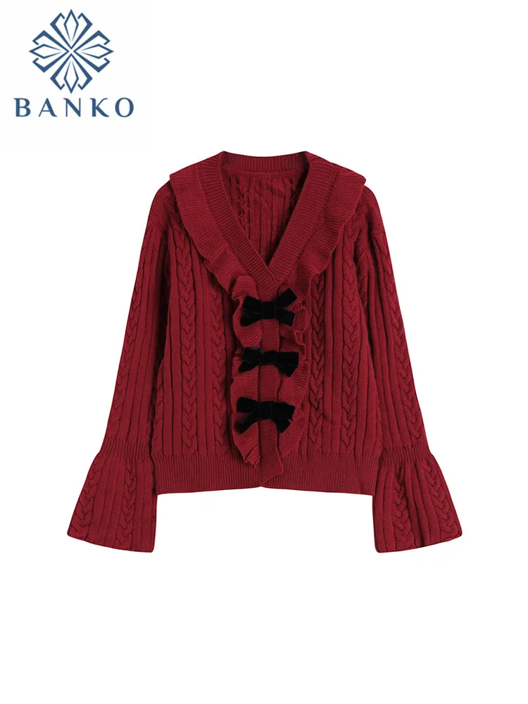 

Женский винтажный пуловер с оборками, Мягкий трикотажный свитер красного цвета с V-образным вырезом, в стиле ретро, Осень-зима 2022