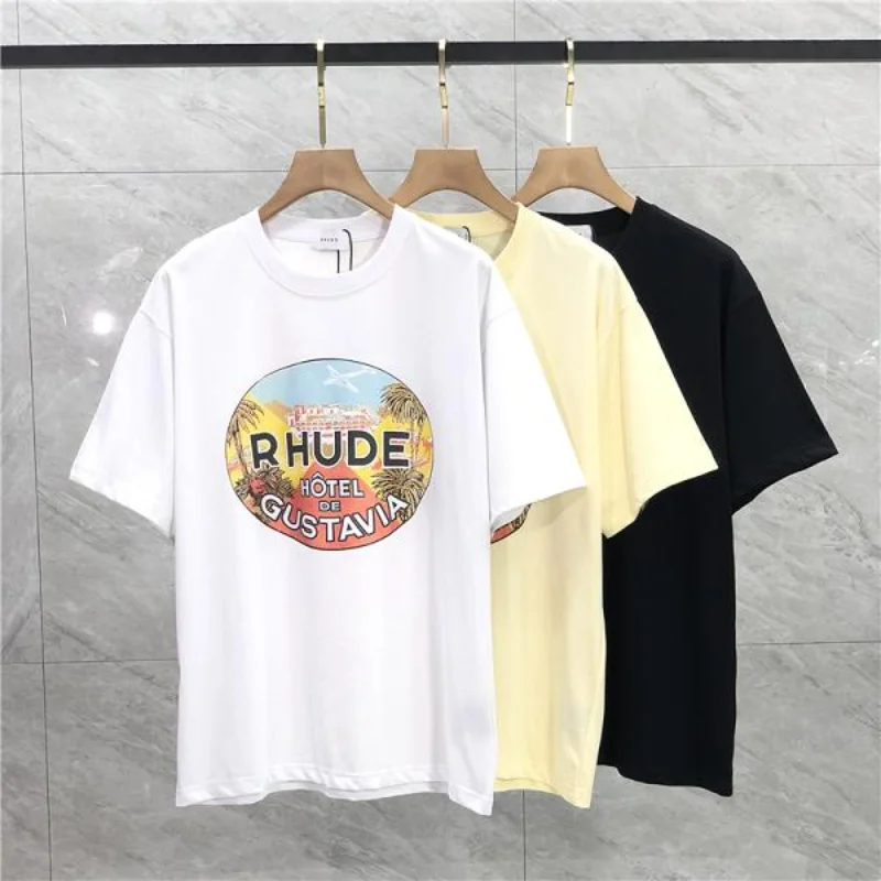 

23SS Vintage Hotel Letter Print Rhude T Shirt Men Women EU Size 100% Cotton Rhude Top Tees High Street Summer Demon Slayer