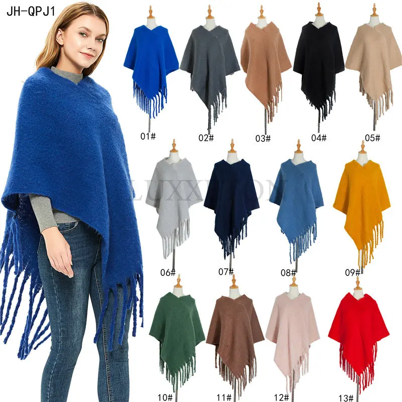 

Women's V-Neck Solid Color Plaid Knit Pullover Cape Poncho Sweater with Fringes Blanket Shawls for Women Winter Capes