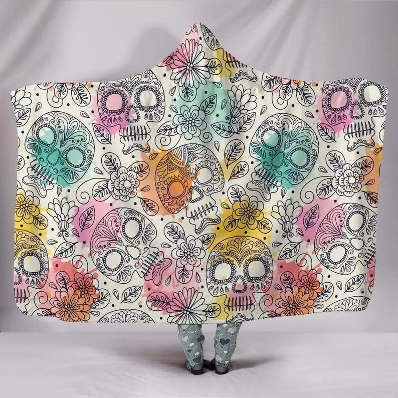 

Paster Sugar Skull, With Hood, Festival, Hooded Blanket, Vegan Blanket, Multi Colored, Yoga Meditation, Floral, Custom Made Quil
