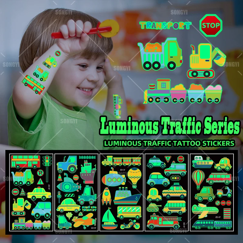

5 листов светящиеся транспортные татуировки мультфильмы декор для вечерние тираннозавр тело наклейка одноразовые водонепроницаемые татуировки Временные