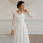 Женское шифоновое свадебное платье, элегантное белое однотонное платье невесты до пола с Боковым Разрезом и длинными рукавами, лето 2022