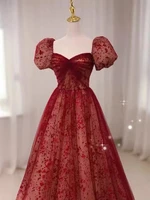 new arrival sexy square neck burgundy evening dresses elegant puffy sleeves beading a line long tulle prom gown vestido de noiva