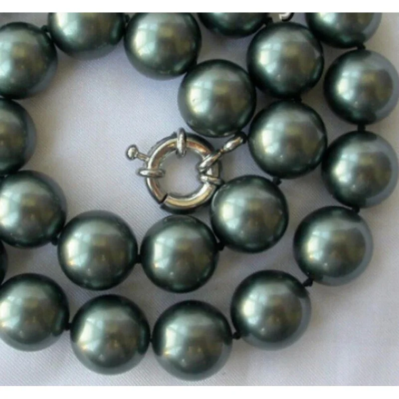 

stunning big 14mm round Tahiti black south sea shell pearl necklace AAA style Fine Noble real Natural free shippi