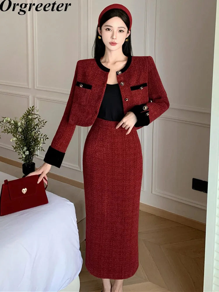 

Женский твидовый костюм в стиле ретро, красный шерстяной комплект из двух предметов, короткая куртка и длинная облегающая юбка, Осень-зима