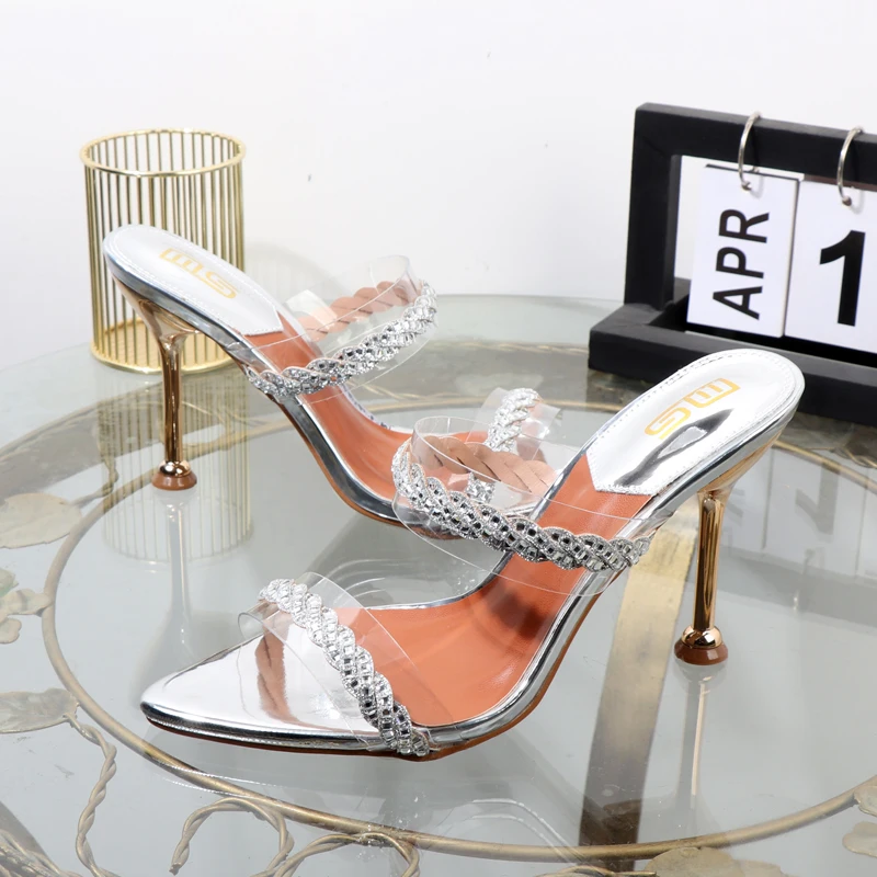 2023 summer pointy Rhinestone transparent thin high-heeled Open toe slippers shoes Joker simple plus size women sandals 9.5CM