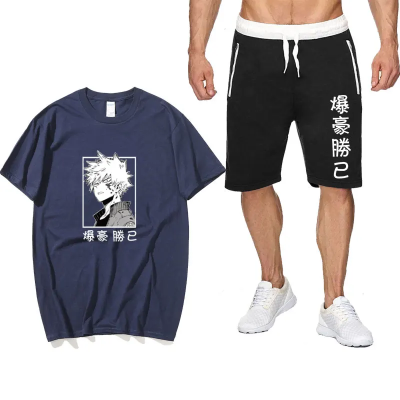 

2022 summer Japan Anime My Hero Academia print Two Piece Set cotton T-shirt Sports Streetwear Harajuku Sweatpants Shorts