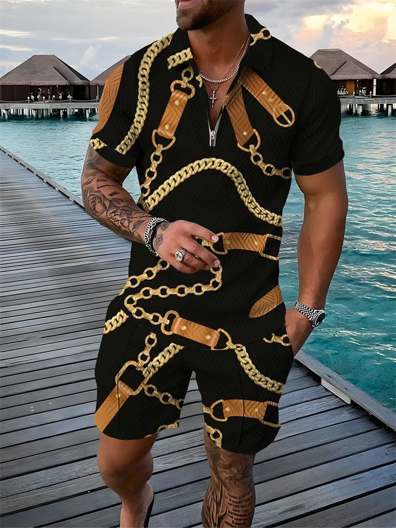 Fashion Summer Men's Tracksuit Short Sleeve Polo Shirt Set Luxury Chain Print Clothing 2 Pieces Casual Suit Streetwear Outfit images - 6