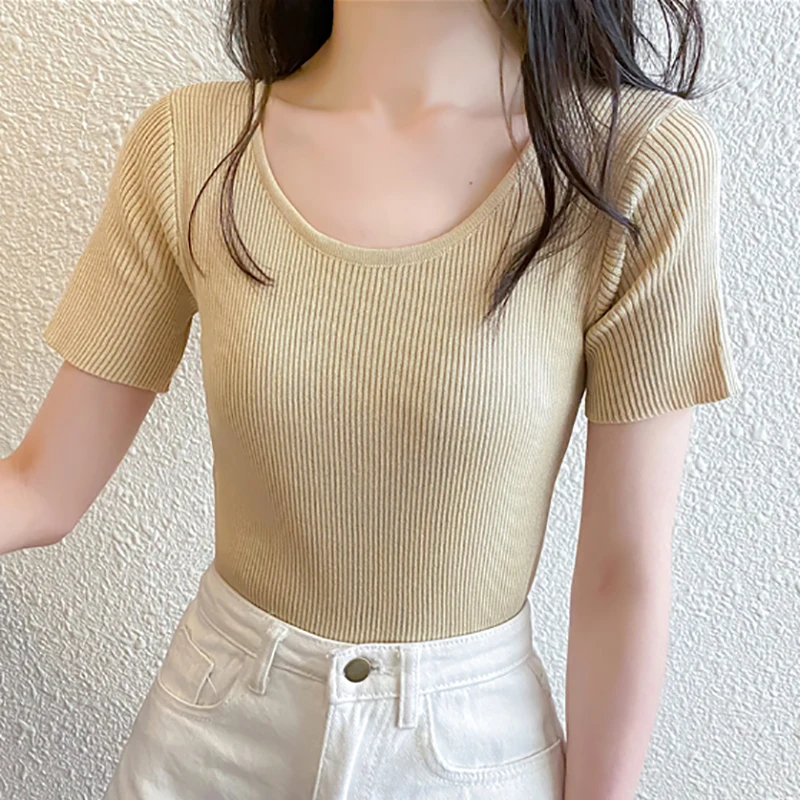 

Thin Knitted Tee Shirt T Shirt Women Slim O-Neck T Shirts Korean Style Camisetas Summer Tops 2022 Short Sleeve Womens Clothing