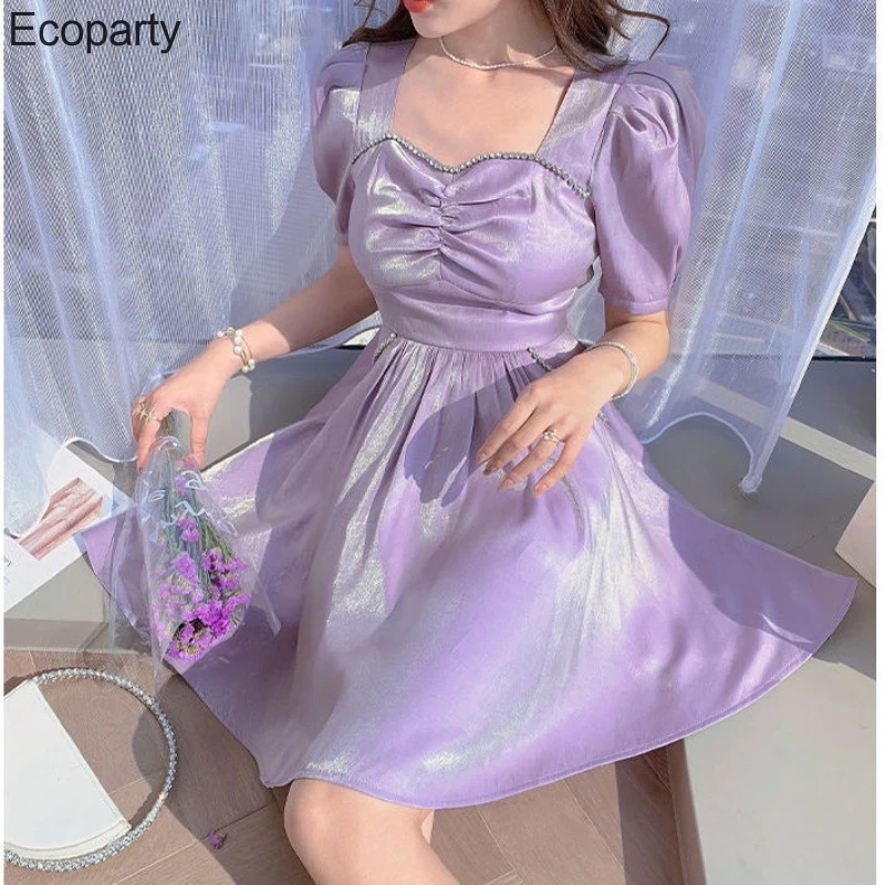 

Summer Fashion Purple Fairy Dresses For Women 2022 Square Neck Puff Sleeves Folds Mini Dress Lady Princess Elegant Party Dresses