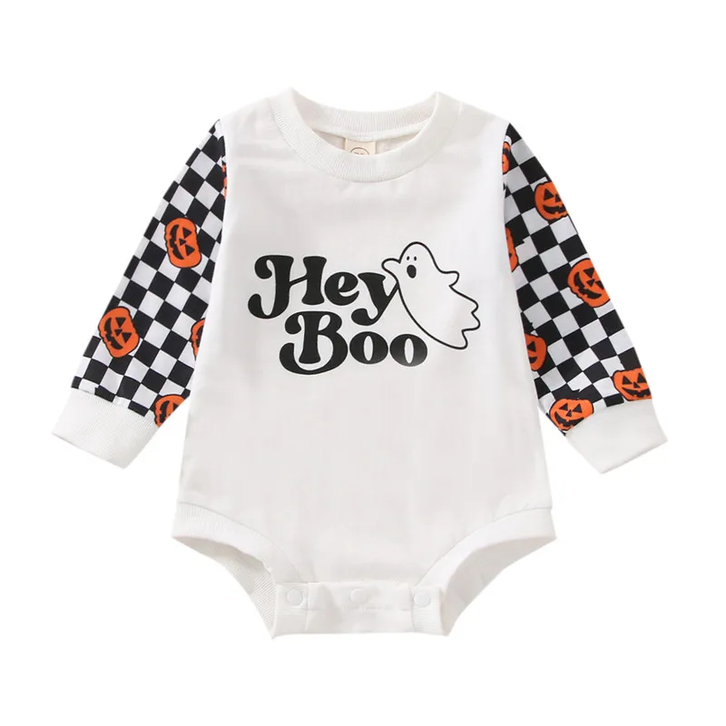 

Newborn Baby Halloween Romper 0-24 Month Unisex Infants Girl Boy Long Sleeve Round Neck Letter Pumpkin Print Patchwork Playsuit