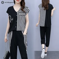 2022 new spring and summer fashion casual stripe suit large loose comfortable age reduction two piece womens suit