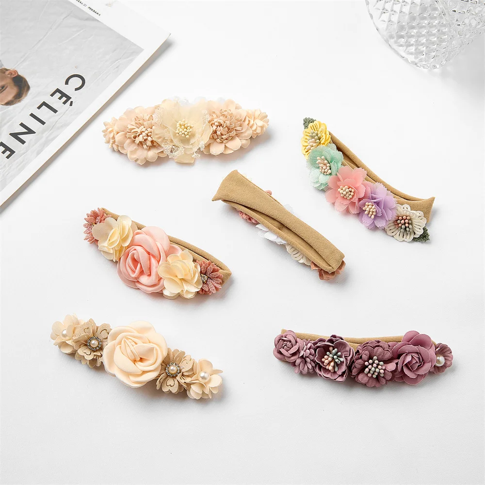 

Детские нейлоновые повязки для волос с цветами Новинка шифоновые Цветочные эластичные детские повязки на голову для новорожденных девочек...