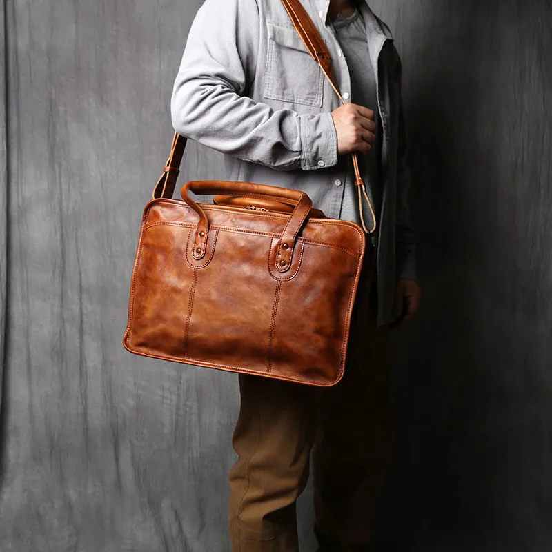 Retro business genuine leather men's high-capacity briefcase work multi-compartment handbag real cowhide shoulder messenger bag