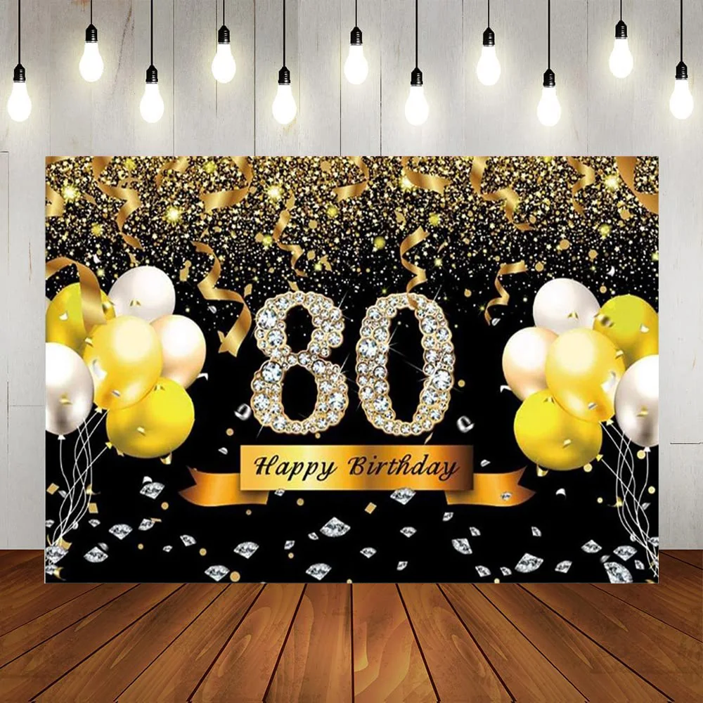 

Happy 80th Birthday Party Banner Backdrop Decorations Black Gold Crown Men Women Anniversary Background Photography Poster