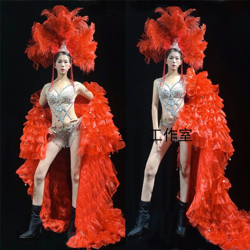 

Nightclub Female Singer Full Diamond Bikini Suit Red Gauze Cloak GOGO Dancer Clothes Pole Dance Clothing Rave Outfits DWY8160