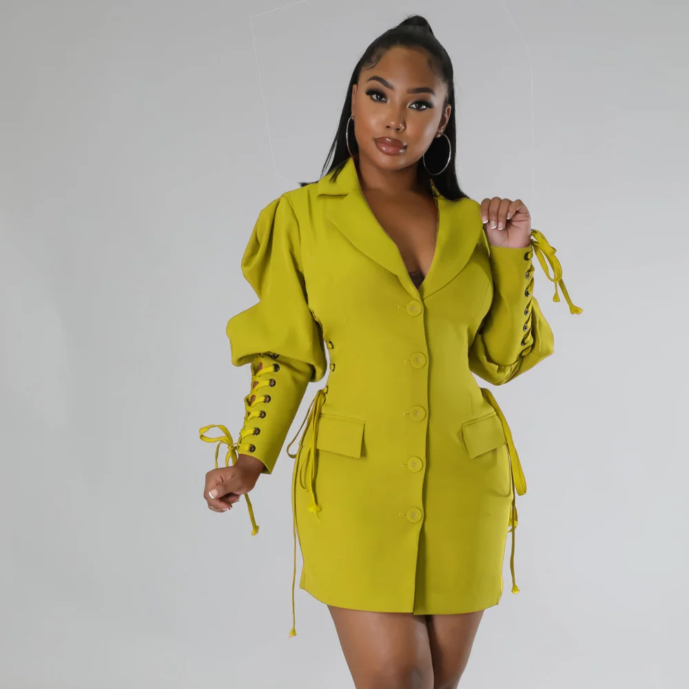 

Autumn Streetwear Mini Dress Fashion Lace Up Puff Long Sleeve Office Lady Blazer Dresses Female Casual Yellow Shirt Dress 2022