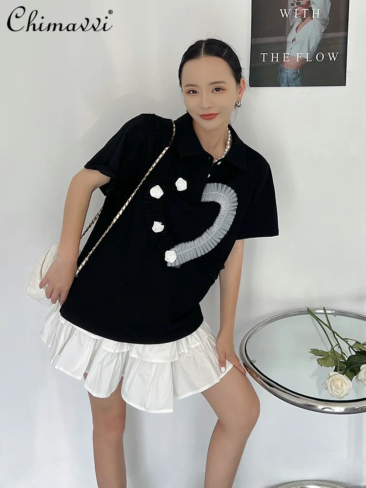 

Polo Collar Women's Shirt 2022 Summer Clothes New Fashion Design Flower Love Loose Temperament Casual Blouse Laldies Tops