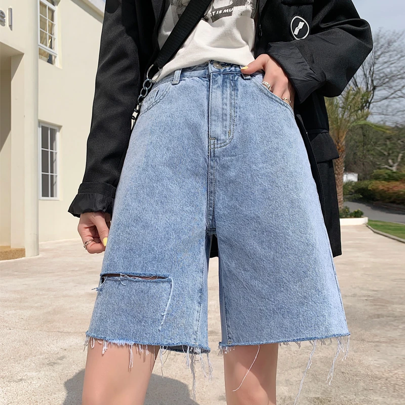 Live shot jeans women's shorts Baby blue summer thin new panties loose straight hole five points