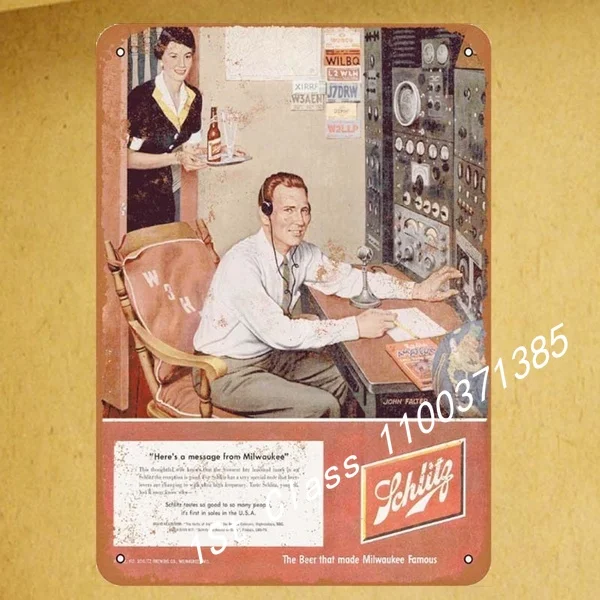 

Vintage 1952 Schlitz Beer and Ham Radio Metal Sign Bar Wall Metal Poster
