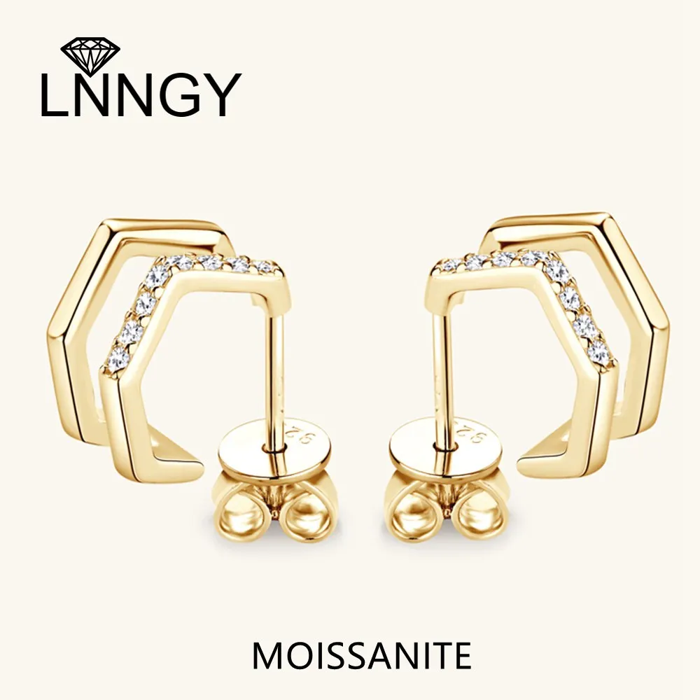 

Lnngy 925 Sterling Silver Geometric Earrings Micro-set 1.2mm(0.008ct*16pcs) Moissanite Stud Earring For Women Daily Jewelry Gift