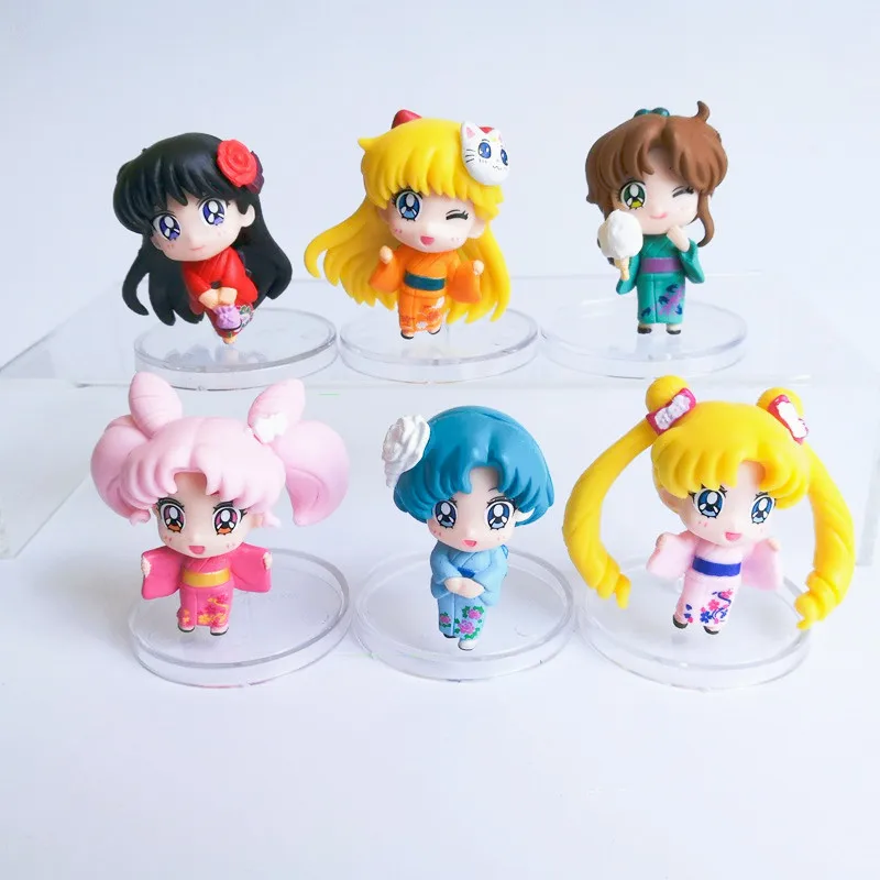 

6 шт./компл. фигурка кимоно из аниме Moon Q Version, Tsukino Usagi Luna, фигурка из ПВХ, игрушки, куклы, модель, украшения, подарок