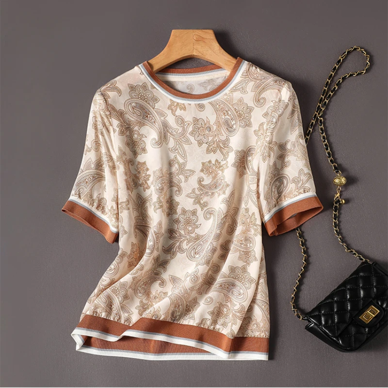 

Silk Women's T-shirt Summer 2023 New Floral Print Loose Satin Tees Short Sleeves Top Ladies O-neck Patchwork Clothing YCMYUNYAN