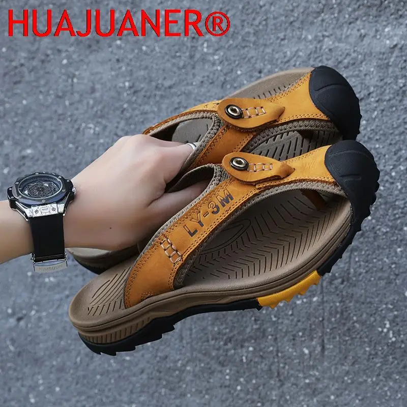 

Genuine Leather Men Flip Flops outdoor Thick Bottom Beach Shoes Comfortable Men Summer New Male Slides Luxury Brand Slippers Man