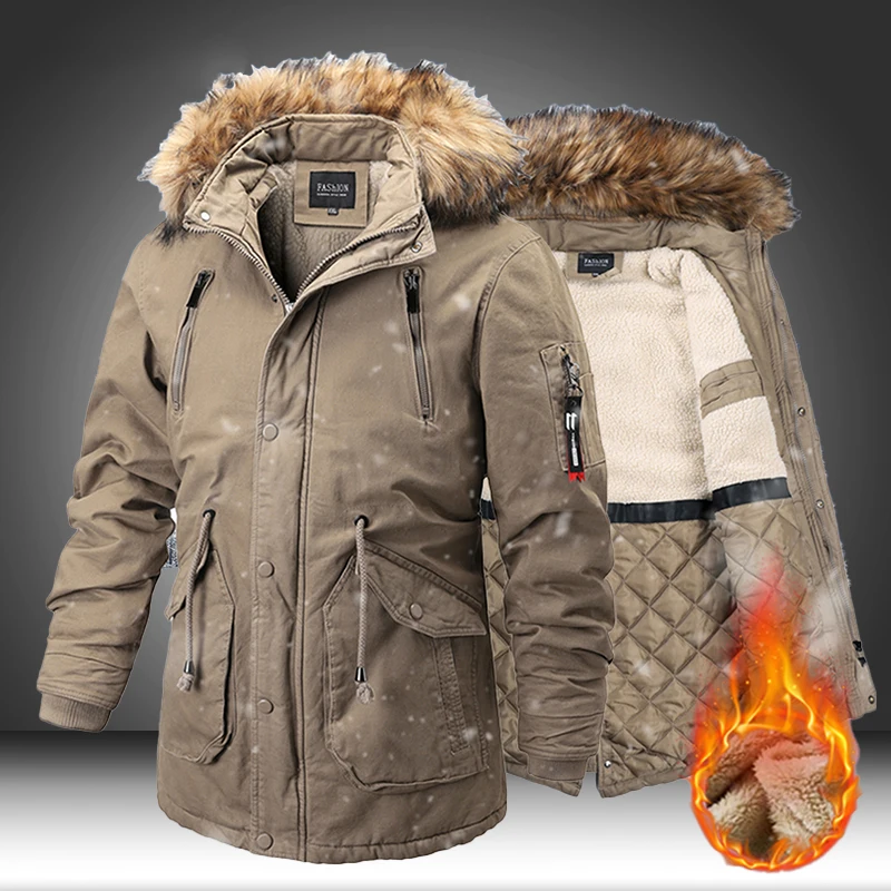 2023 Fleece Warm Mens Parkas Coat Long Winter Hooded Fur Collar Thick Jackets Windproof Hat Detachable Overcoat Streetwear Men
