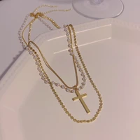 three layer titanium steel necklace ins trend niche design sense ladies temperament all match personality pearl clavicle chain