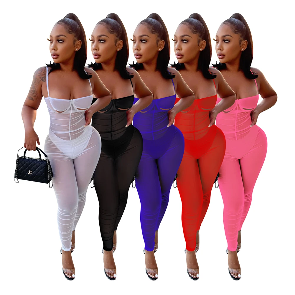 

Летний сексуальный женский комбинезон для ночного клуба с внутренними трусиками, прозрачный сетчатый Облегающий комбинезон на тонких брет...