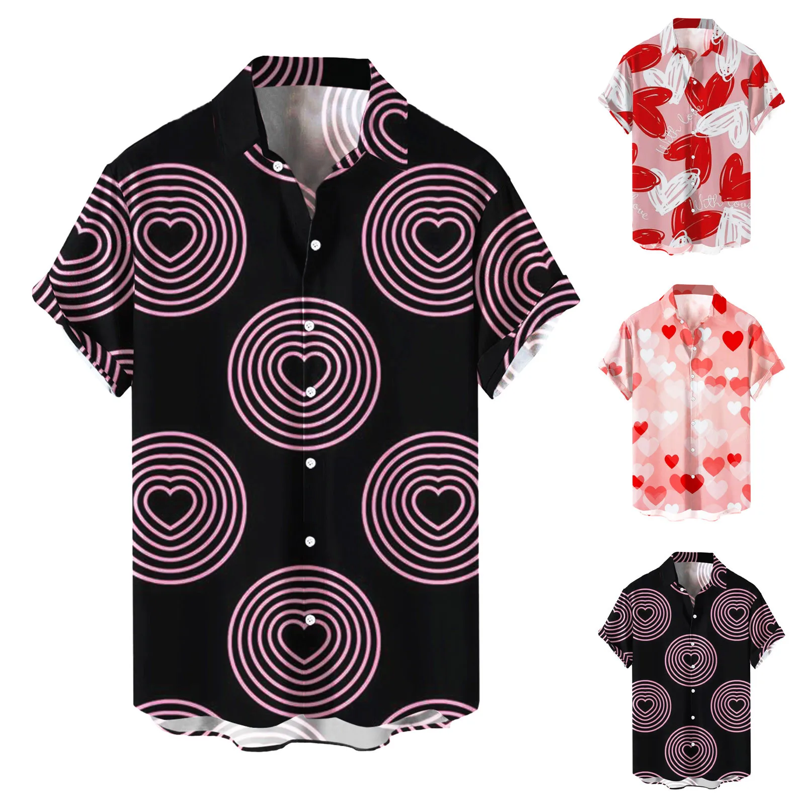 Men's Hawaiian Shirt Loose Top 3d Heart Hoop Print Shirts For Men Valentine Day Fashion Shirt Men Breathable Summer Short Sleeve