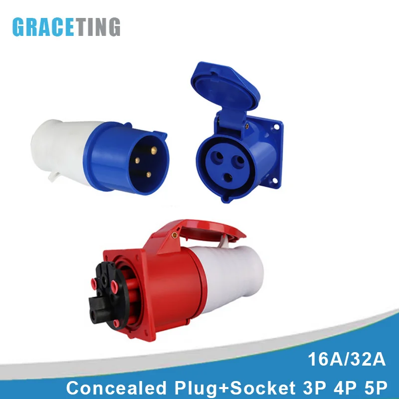 

1 Set Industrial Plug + Socket Concealed Panel Mounted 3Pin 4Pin 5Pin 16A 32A IP44 Waterproof Male Female Electrical Connection