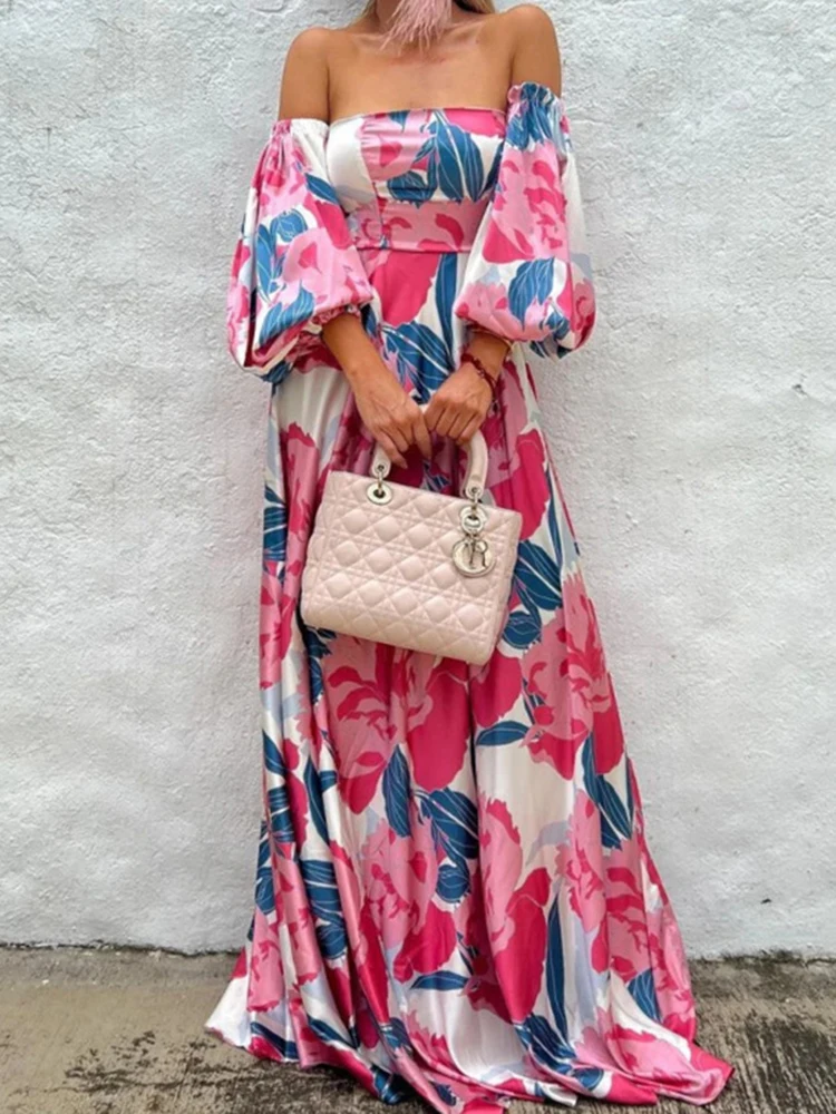 

Maxi Dress Cover-Ups Women Strapless Lantern Sleeve Empire Robes Swimsuit Summer New Floral Print Beach Holiday Dress Cover Ups