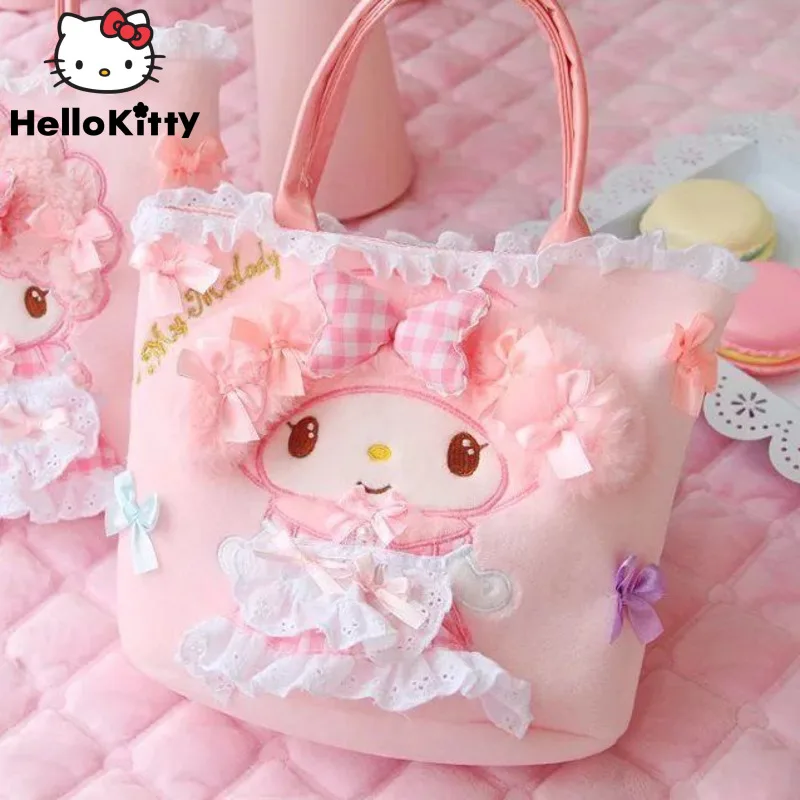 

Sanrio Kawaii плюшевая женская розовая сумка Мелодия Корейская преппи Милая Студенческая кружевная Сумка-тоут Y2k модная роскошная сумка для хранения для девушек
