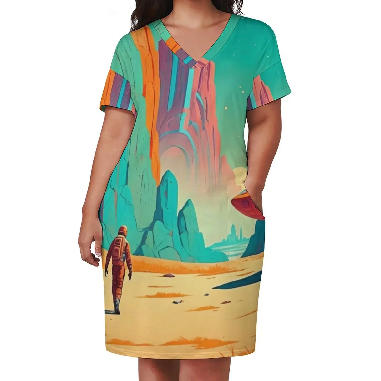 Откройте неизвестное путешествие через космос свободное платье с карманами для