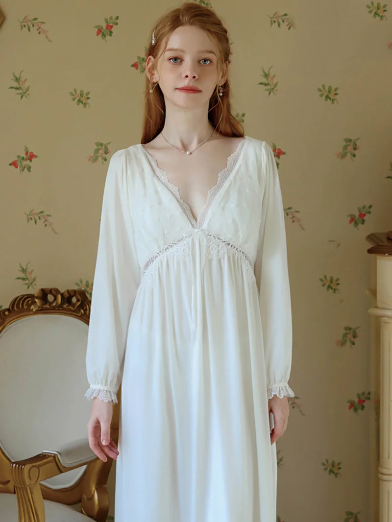 Women Spring Vintage Nightdress Sleepwear Long Sleeve Cotton Victorian Sexy Nightgowns V-Neck Ruffles Lace Princess Pajamas