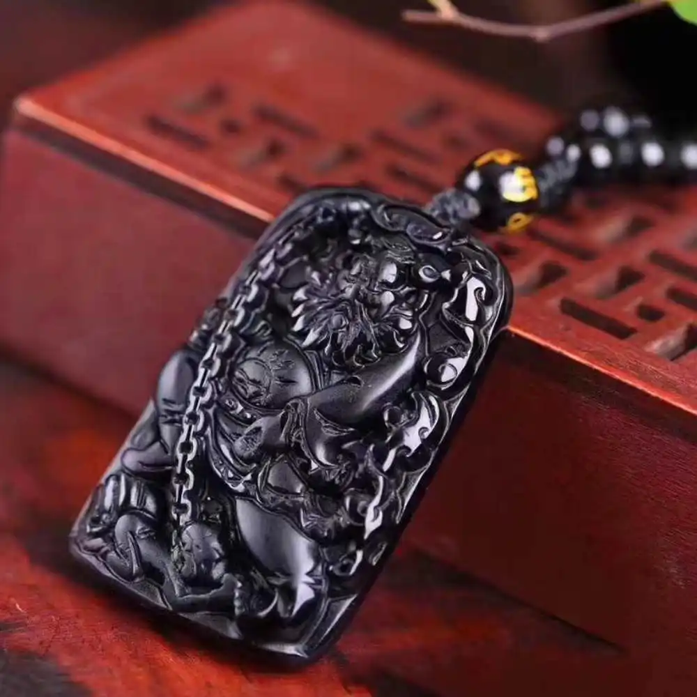 100% натуральный обсидиан Чжун Куй амулет на удачу кулон натуральное ожерелье