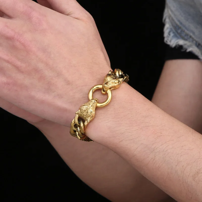 12 мм браслет в стиле панк ретро золотого цвета с головой волка викингов мужской