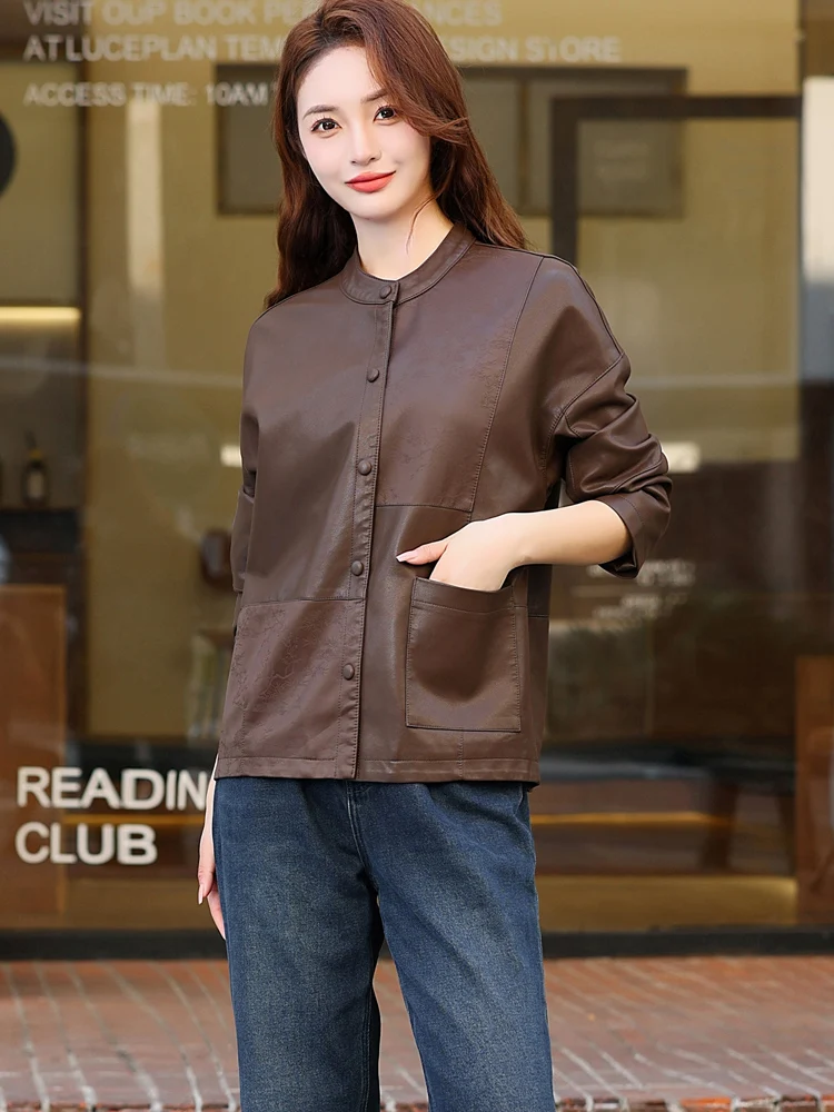 Кожаное пальто верхняя одежда женская осень и зима 2023 новинка китайского цвета