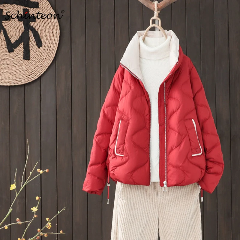 

Korean Style Women White Duck Down Jacket Stand Collar 2022 Autumn Winter Vintage Outwear Drawstring Loose Casual Coat