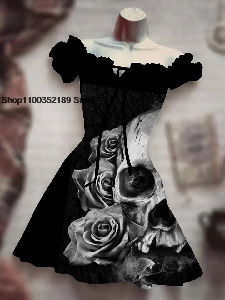 

Summer Holiday Hawaiian Bohemian Short Puff Sleeve Elegant Square Collar Drawstring Dress Skull Print Horror Halloween Costume
