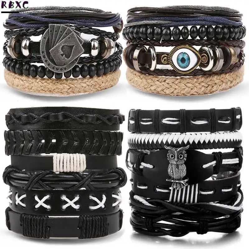 

RBXC Fashion Eye Owl Bead Multilayer Rope Chain Leather Bracelet Men Braided Handmade Wrap Bracelets & Bangle 2020 Jewelry Male