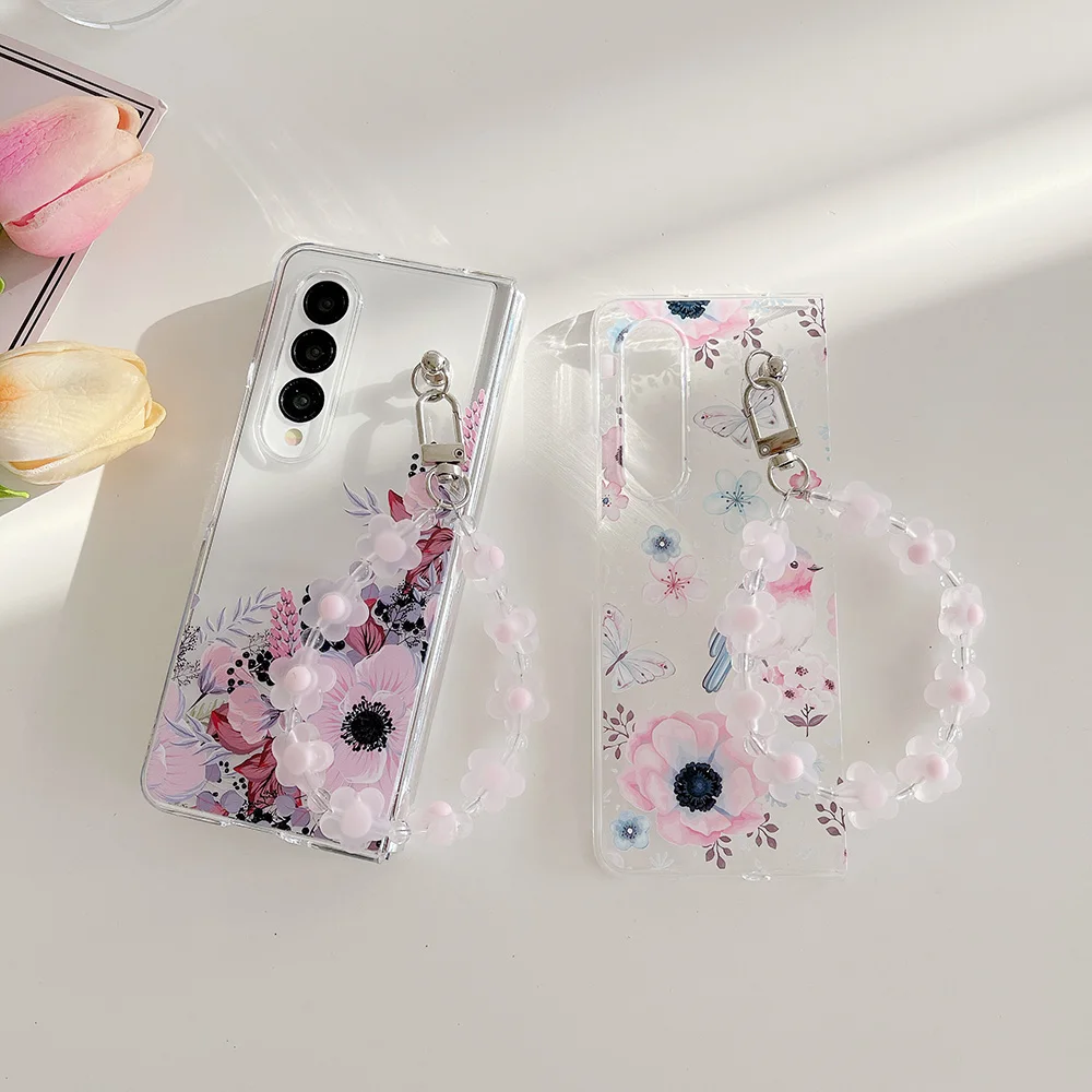 

For Samsung Galaxy Z Fold 4 3 Case Flowers Birds Painted Bracelet Transparent Shockproof Hard Cover For Samsung ZFold4 Fold3