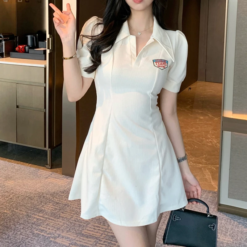 

Alphabet Embroidery Lapel Short Sleeve A-line Women Mini Dress American Vintage Sweet Spice Girl Chic 2023 Summer New Clothing