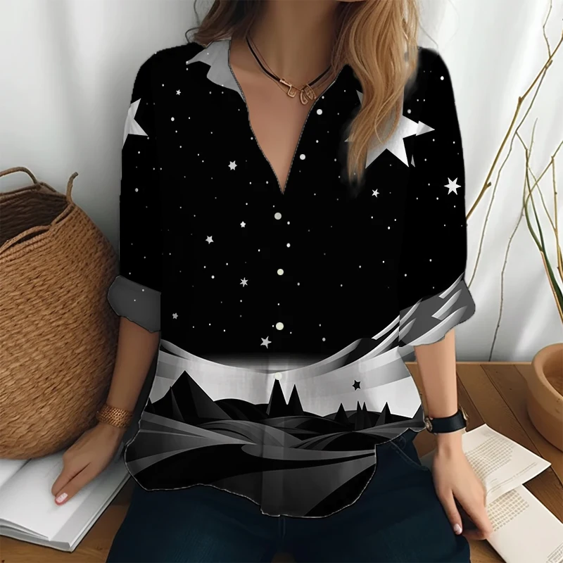 

Temperament Long Sleeve Shirt Daily Commute Shirt Female Fashion Elegant Shirt Night 3D Printed Shirt Autumn Casual Shirt
