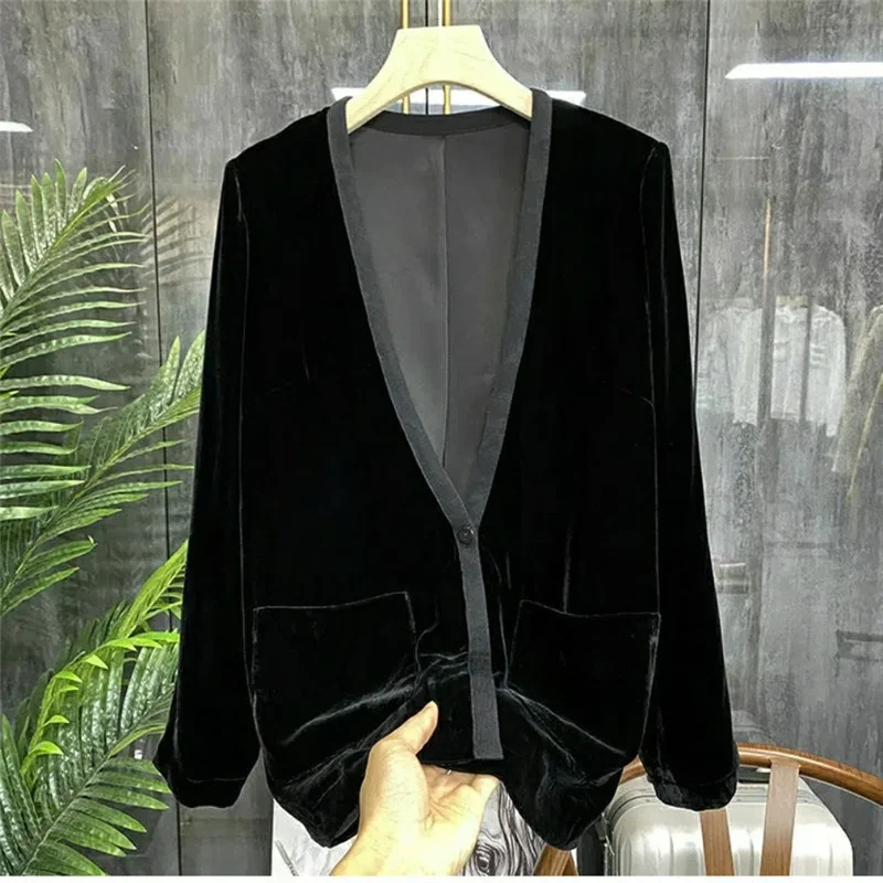 

Velvet Women 2023 Spring And Autumn High-grade Temperament Foreign Style Black Short V-neck Cardigan With Pocket Top Female