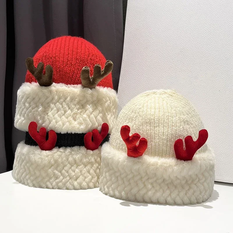 

Christmas deer antler woolen hat red new year gift cute student plush warm ear protection winter knitted hat trendy