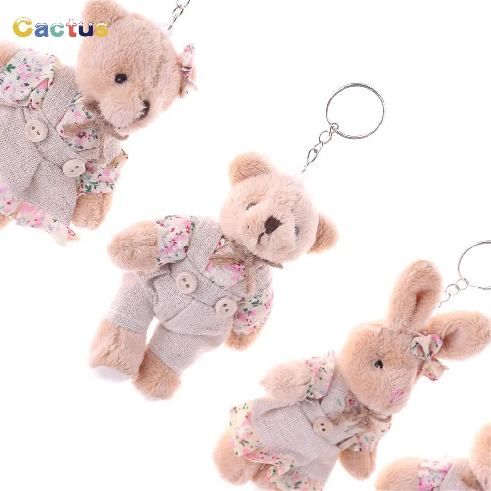 

New 1 Pair Couple Bear Rabbit Plush Keychain Floral Cloth Bear Rabbit Bunny Dolls Key Bag Pendants Lovers Friends Gift 11cm 3C